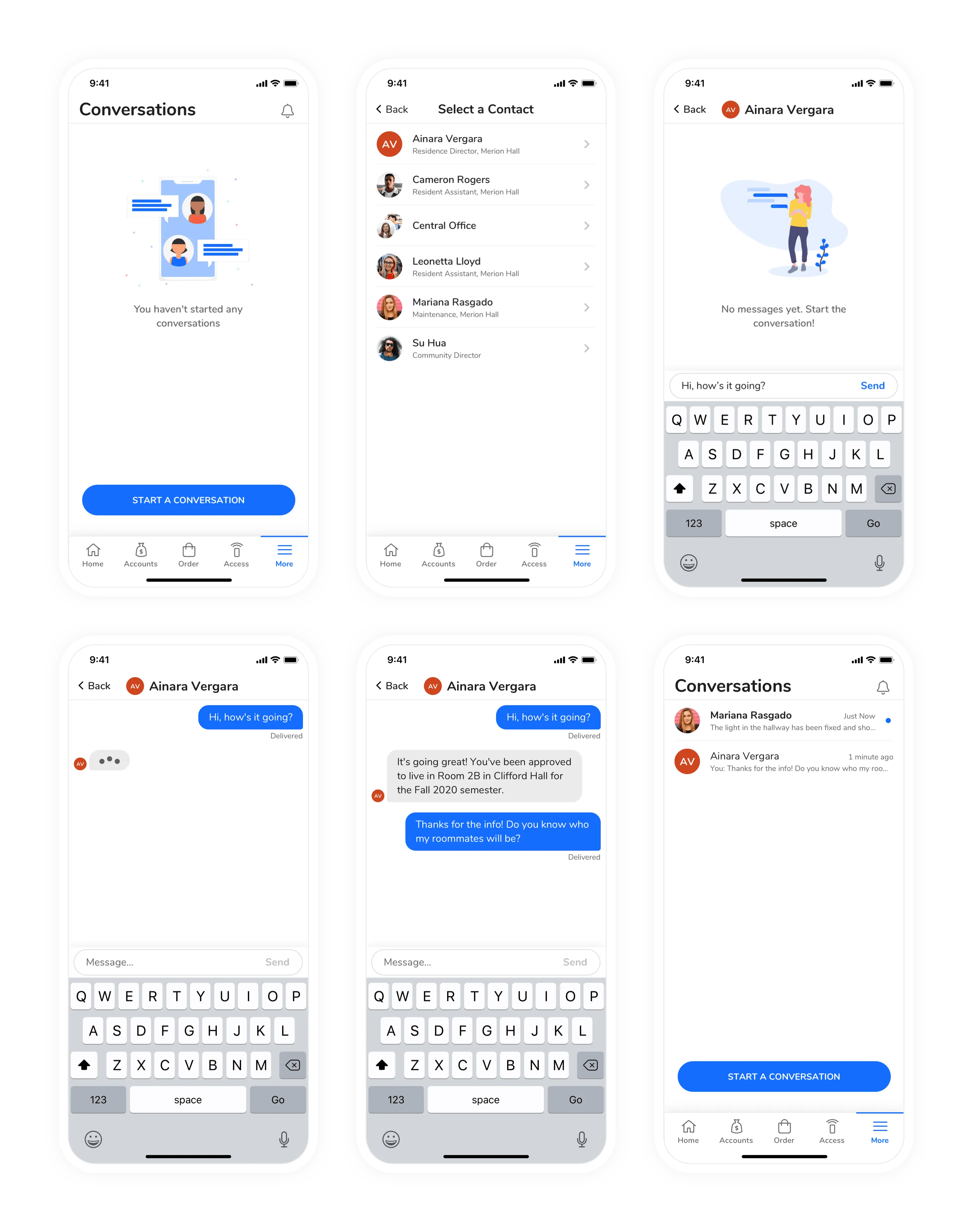 All of the screen designs for the conversations feature in GET