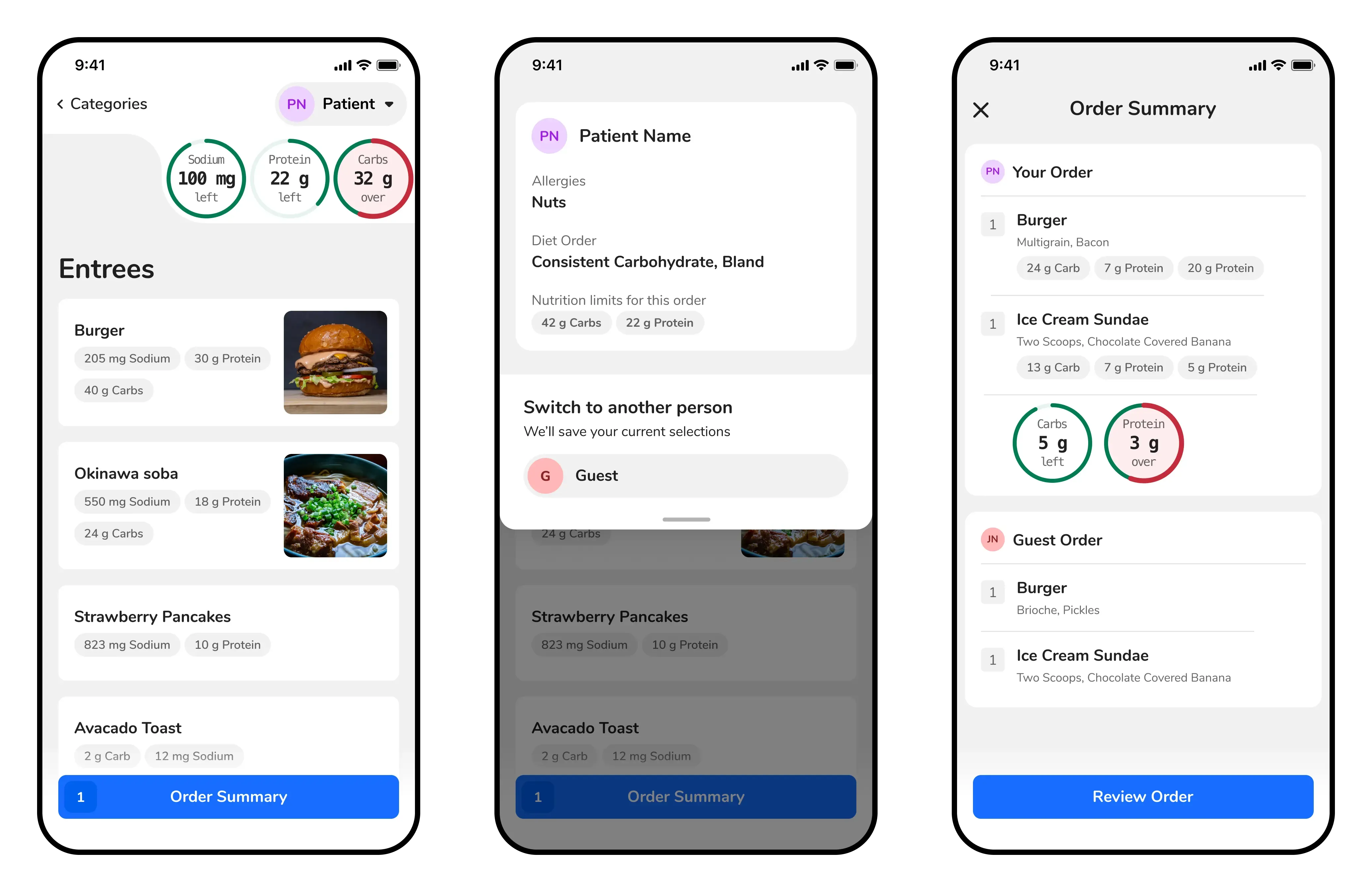 UI designs for guest ordering in the CBORD patient app