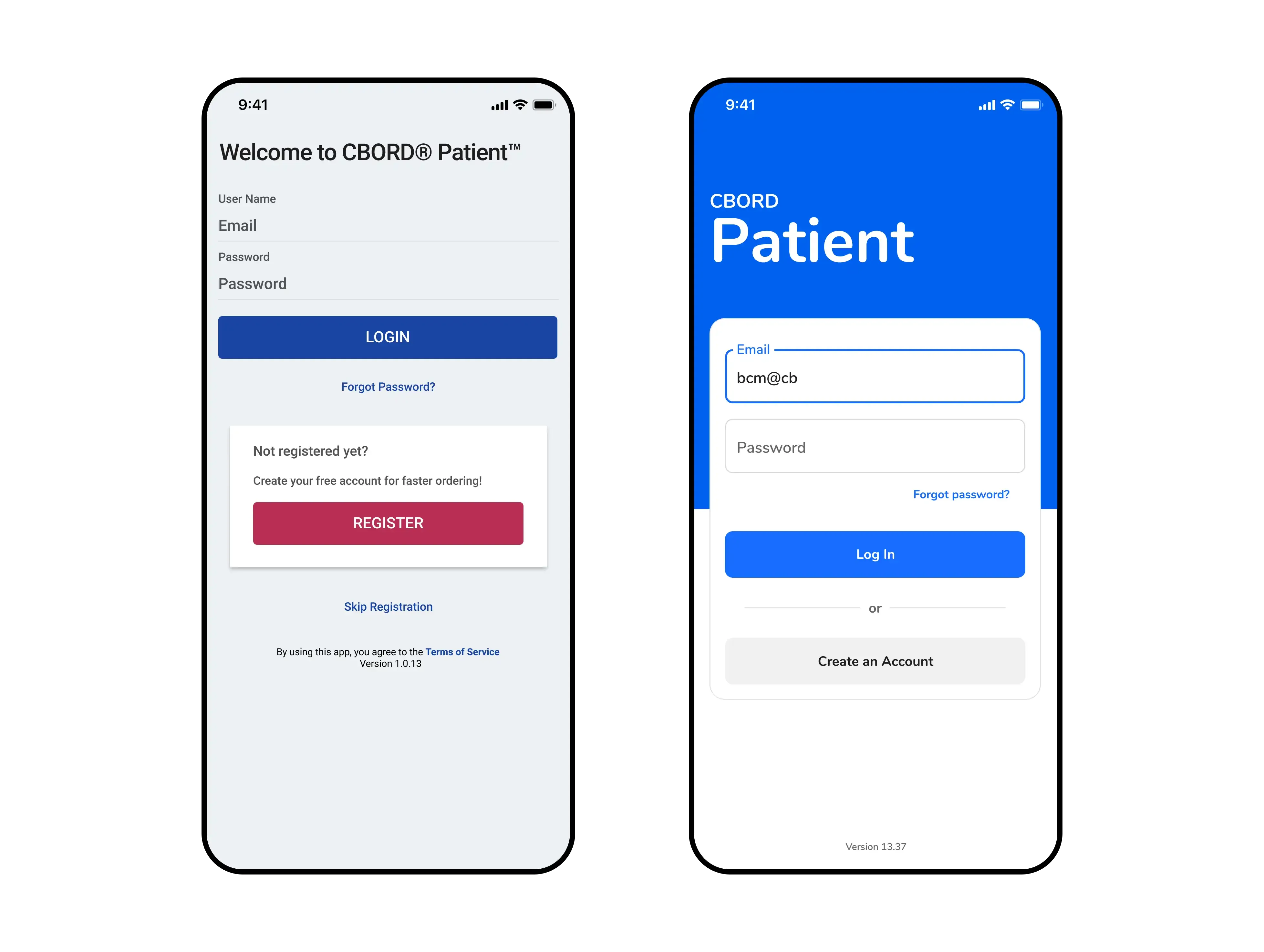 Redesign of the login page for the CBORD Patient App, showing the before and after