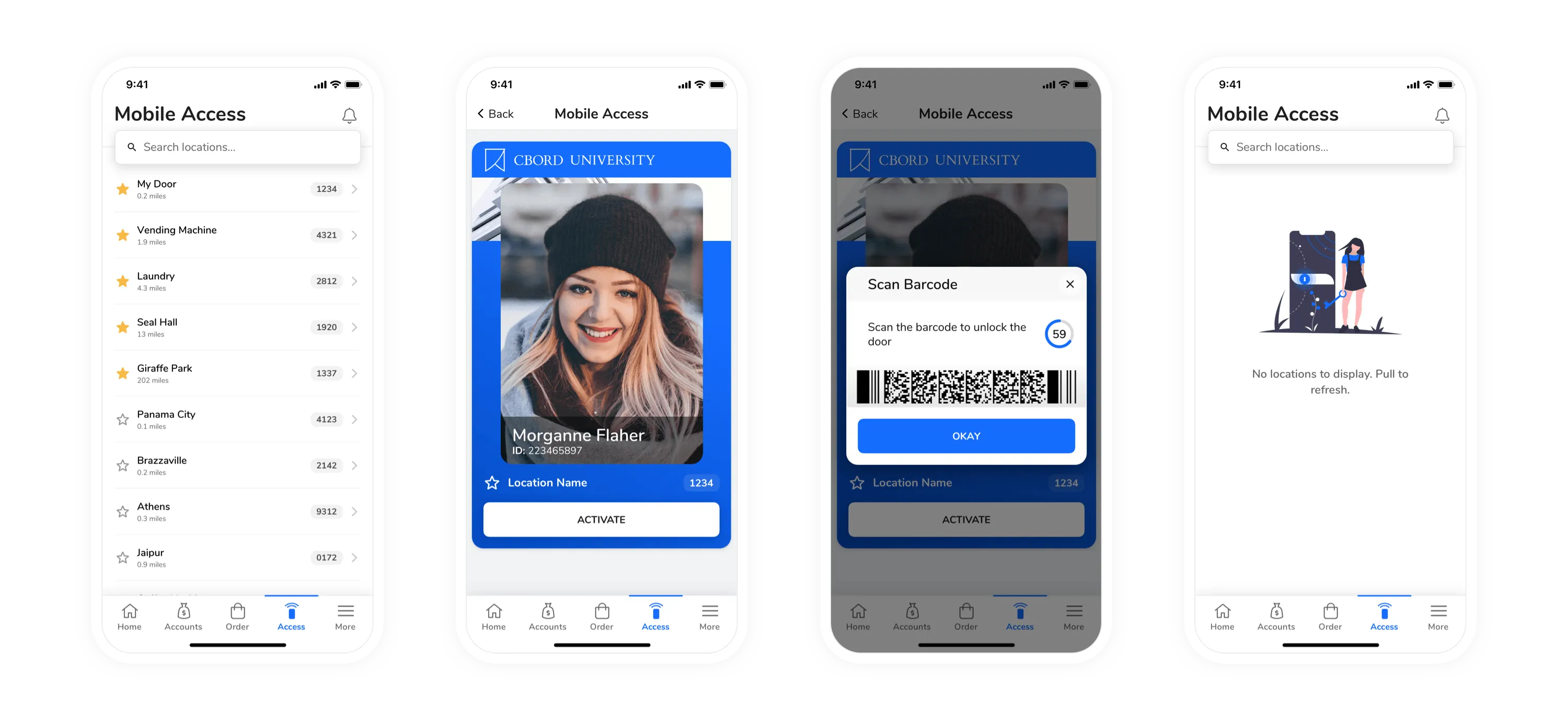 The UI designs for Mobile Access within the GET app