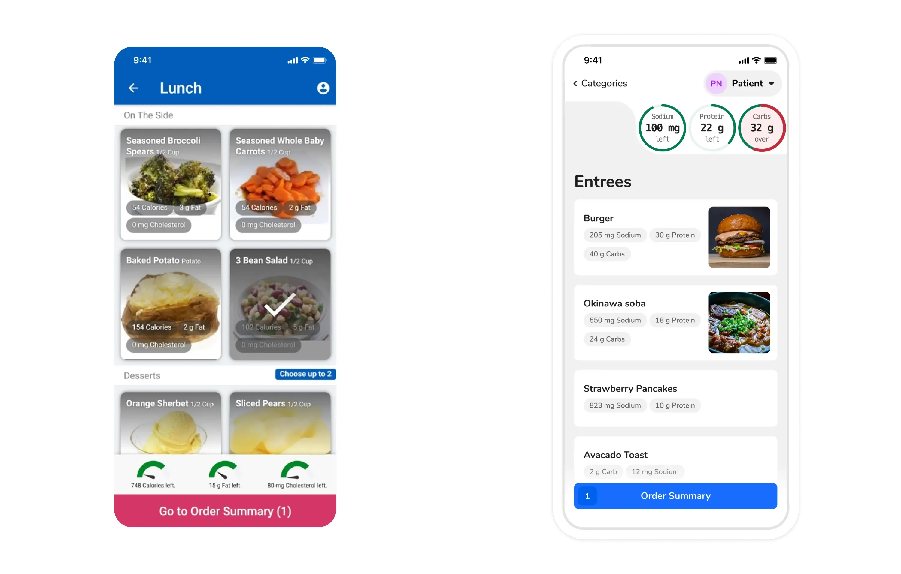 Old vs new design for the CBORD Patient App and its menu/nutrient gauges