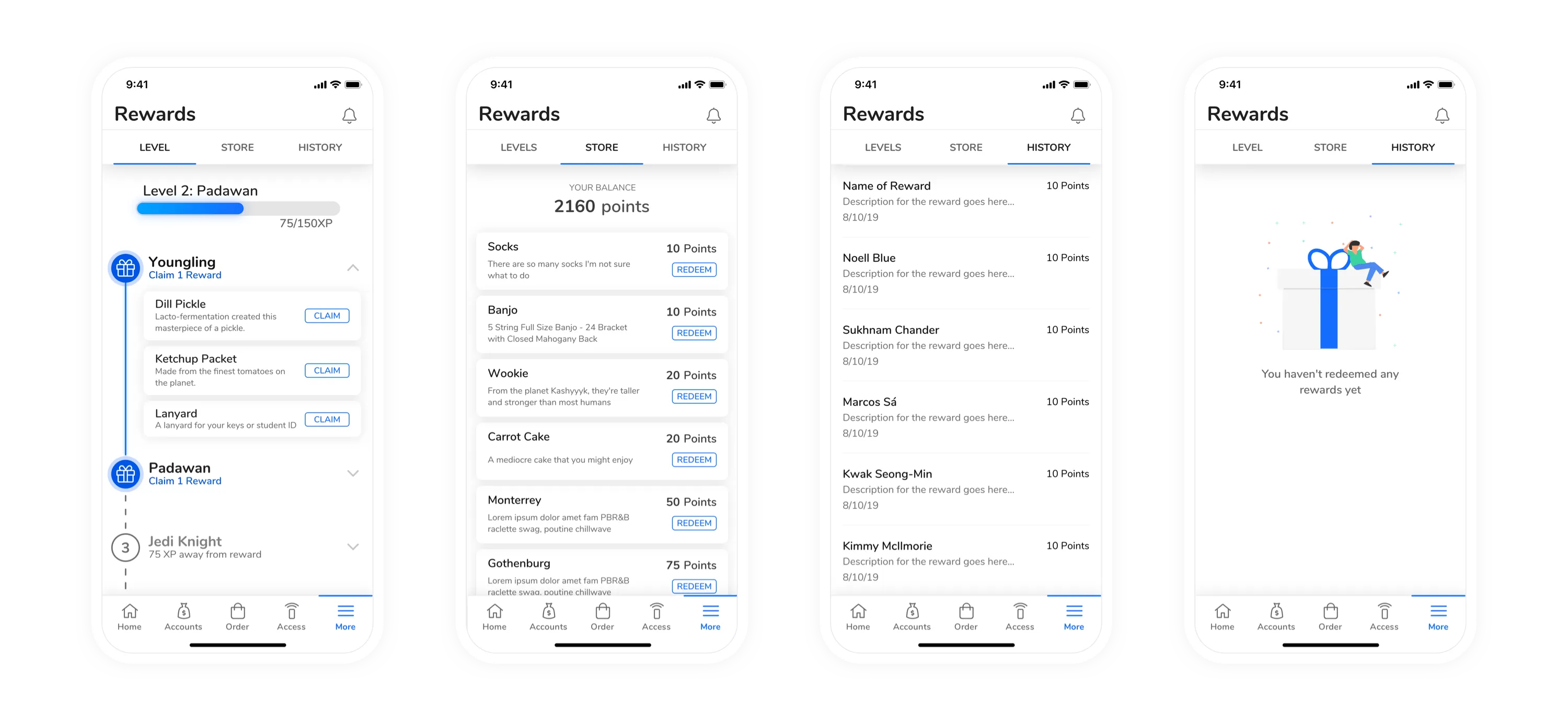 Screen designs of the Levels, Store, and History tabs from the Rewards feature in GET